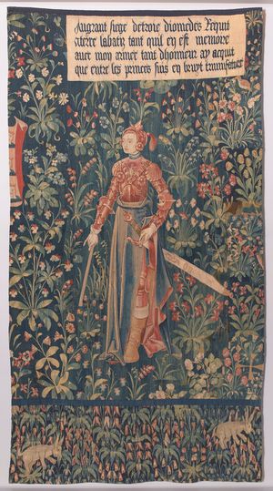 <i>Penthésilée</i>, fragment d'une pièce d'une tenture représentant les Neuf Preuses, tapisserie en laine et soie, 190 x 120 cm<br>© Centre des monuments nationaux