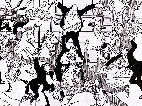 Caricature du "<i>Skandalkonzert</i>", concert organisé et dirigé par Schönberg en 1913, parue dans <i>Die Zeit</i>