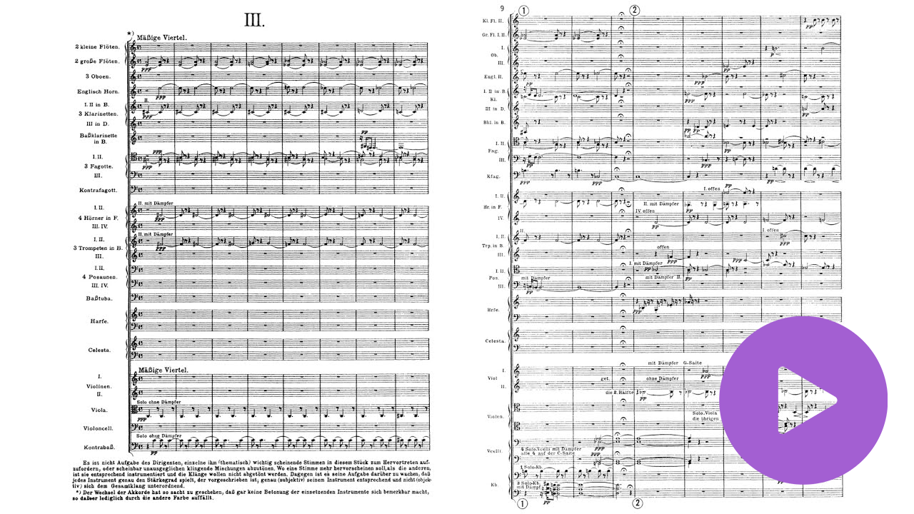 <b>Cliquez pour écouter un extrait</b><br> Partition d'Arnold Schönberg, <i>Cinq pièces pour orchestre</i>, 1909, début de la troisième pièce nommée <i>Farben</i> ("Couleurs") qui présente des expérimentations de <i>Klangfarbenmelodie</i>